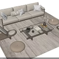 Beige Sofa With Pillows Glass Top Coffee Table Set Rattan Chairs And Round Ottomans
