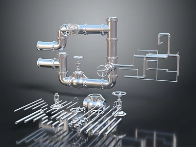 Essential Plumbing Hardware Tools Including Pipes Valves Fittings And Metal Rods 3d model