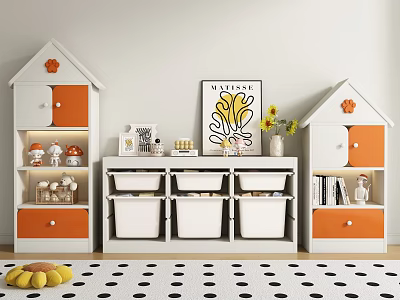 House Shaped Decorative Cabinets With White Orange Design Storage Drawers And Sunflowers 3d model