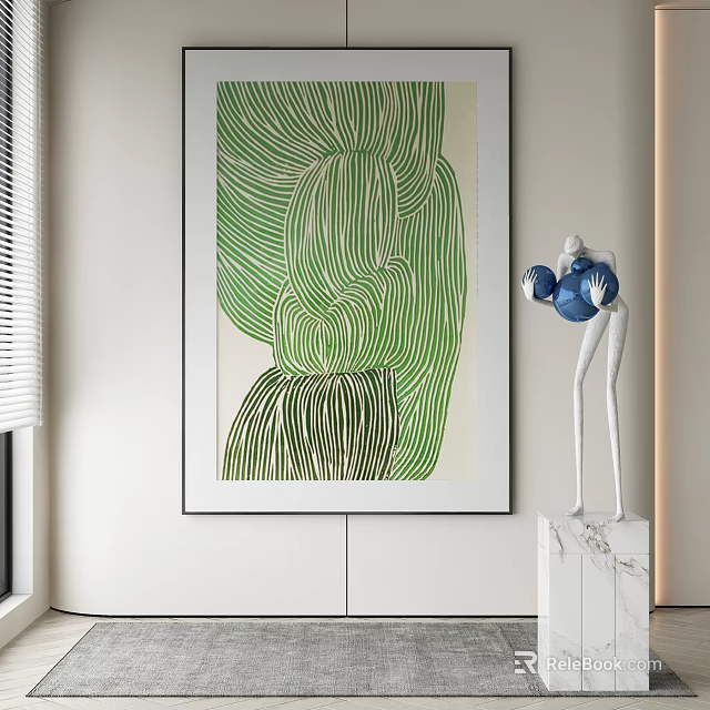 Abstract Painting With Green Lines In Modern Interior 3d model