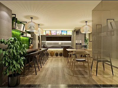 Modern Milk Tea Shop Interior With Green Plants Hanging Lights And Wooden Floor 3d model