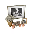Elegant Decorative Ornament Collection With Golden Vase White Roses And Black White Photo Frames