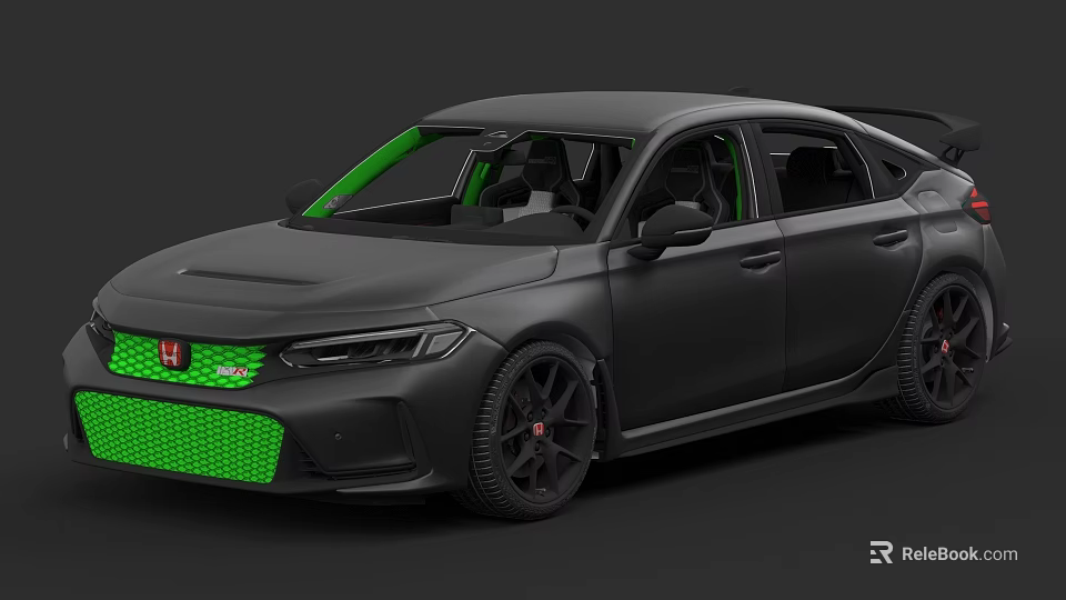 Black Sports Sedan With Green Accent Front Grille And Stylish Alloy Wheels 3d model 