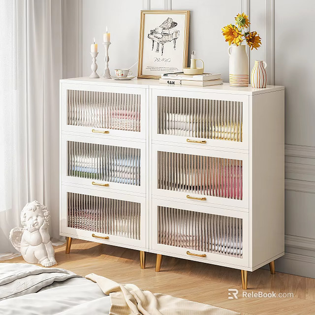 White Entryway Side Cabinet With Vertical Striped Drawers Gold Handles And Decorative Items On Top 3d model 