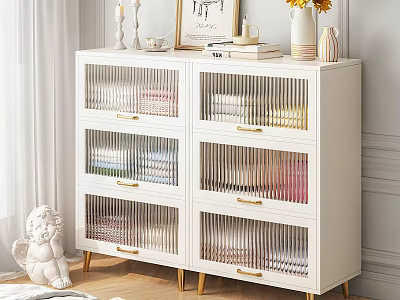 White Entryway Side Cabinet With Vertical Striped Drawers Gold Handles And Decorative Items On Top 3d model