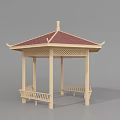 Wooden Pavilion With Red Roof Latticed Top Design And Surrounding Benches