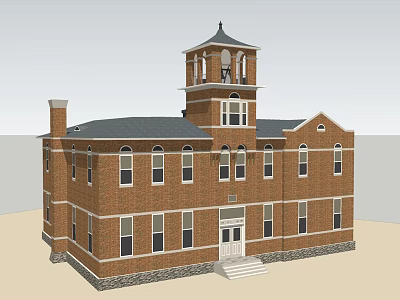 Red Brick Building With Clock Tower Arched Windows Gray Roof And Steps Entrance 3d model