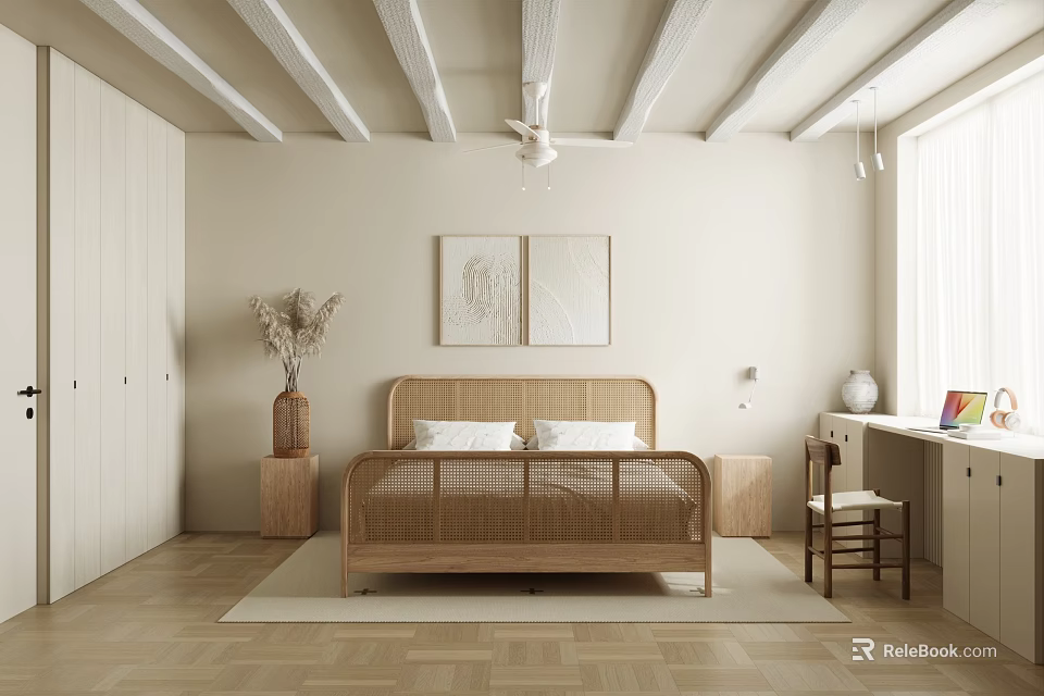 Minimalist Beige Bedroom With Wooden Bed Wooden Beam Ceiling Ceiling Fan And Framed Artworks 3d model 