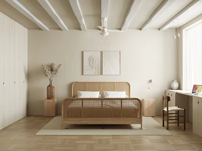 Minimalist Beige Bedroom With Wooden Bed Wooden Beam Ceiling Ceiling Fan And Framed Artworks 3d model