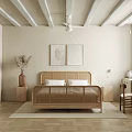 Minimalist Beige Bedroom With Wooden Bed Wooden Beam Ceiling Ceiling Fan And Framed Artworks