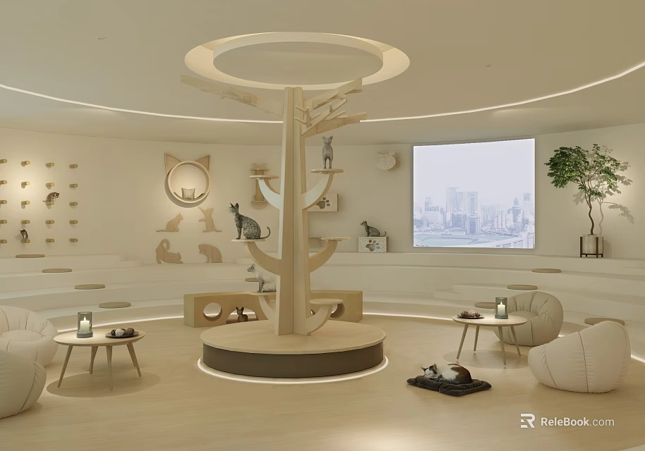 Modern Mall Pet Shop Interior Featuring Cat Tree Wall Decor Cozy Seating And Large Screen 3d model 