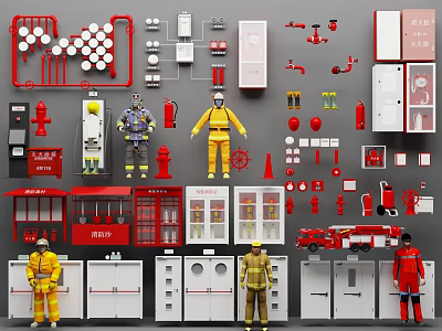 Complete Fire Fighting Equipment Display With Hydrants Extinguishers Suits Cabinets And Signs 3d model
