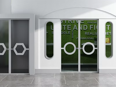 Modern Glass Double Doors With Decorative Hexagons And Circular Patterns In Building Entrance 3d model