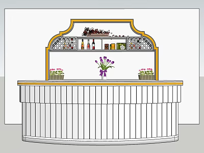 Curved White Bar Counter With Decorative Shelf Wine Bottles Spices Vase Purple Flowers Green Plants 3d model