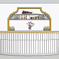 Curved White Bar Counter With Decorative Shelf Wine Bottles Spices Vase Purple Flowers Green Plants