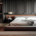 Modern Bedroom Interior With Dark Paneled Walls Wooden Bed Frame Shelves And Area Rug