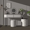 Dressing Table with Round Lighted Mirror White Stool Decorative Painting Pendant Lights and Green Plant