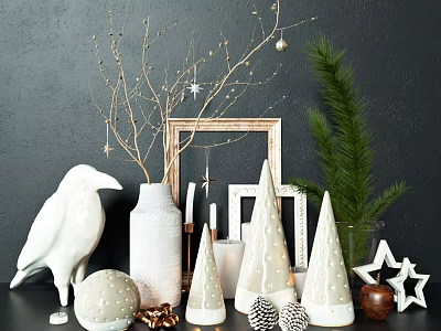 Decorative Ornament Set With White Bird Figurine Branches Frame Pine Sprigs And Stars 3d model
