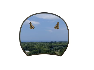 Semicircular Mirror Reflecting Hanging Birds Blue Sky and Green Forest Scenery 3d model
