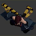 Purple Haired Fantasy Character With Biomechanical Arms Dark Outfit Yellow Red Accents