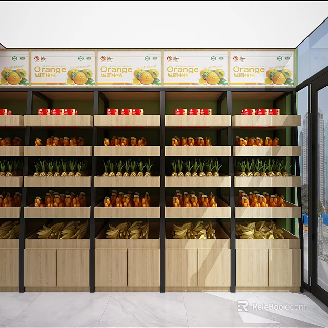 Fresh Fruit Store With Organized Shelves Displaying Oranges And Various Fruits 3d model 