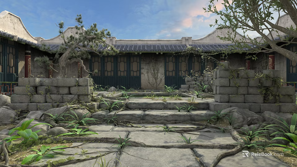 Traditional Chinese Garden Landscape With Stone Pathways Ancient Architecture And Lush Greenery 3d model 
