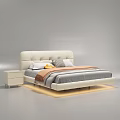 Modern White Double Bed With Upholstered Headboard Checkered Pillow And Nightstands