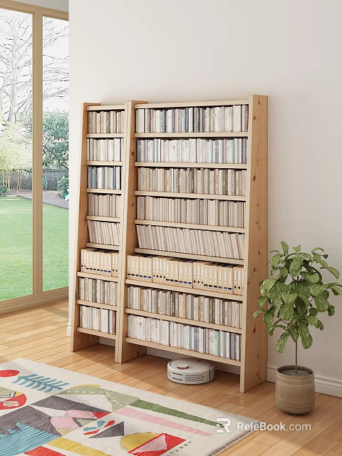 Tall Wooden Multi Tiered Bookshelf Filled With Books Near Large Window And Garden View With Potted Plant 3d model 