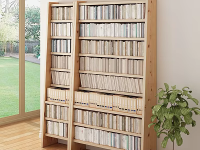 Tall Wooden Multi Tiered Bookshelf Filled With Books Near Large Window And Garden View With Potted Plant 3d model