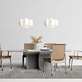 Modern Round Dining Table Set With Beige Chairs And Pendant Lights 3d model
