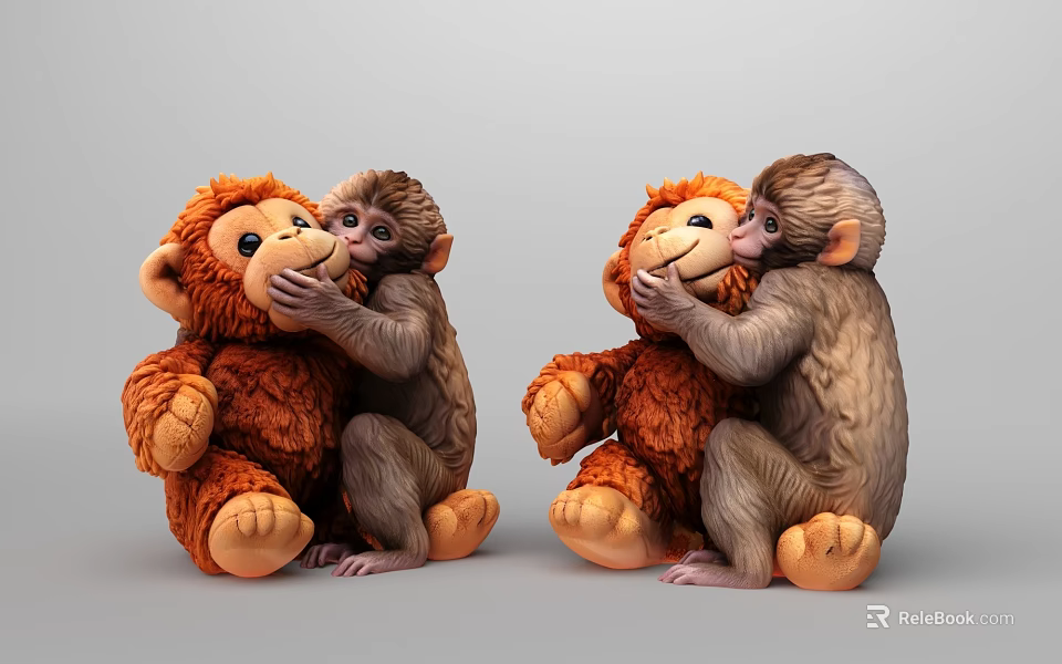 Adorable Playful Monkey Decorative Ornament Set with Two Interacting Figurine Pairs 3d model 