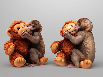 Adorable Playful Monkey Decorative Ornament Set with Two Interacting Figurine Pairs 3d model