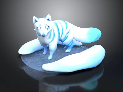 3D Fantasy White Fox With Blue Stripes And Multiple Tails On Black Reflective Base 3d model