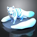 3D Fantasy White Fox With Blue Stripes And Multiple Tails On Black Reflective Base