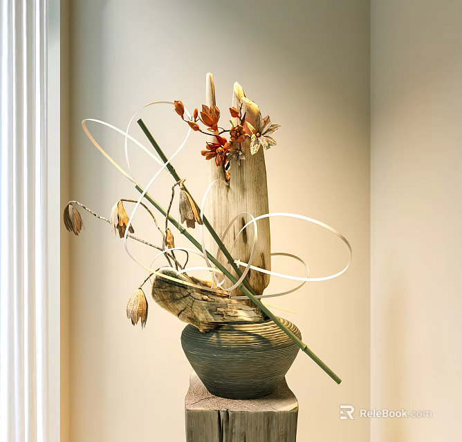 Decorative Ceramic Vase With Dried Plants Red Leaves And White Circular Decorations 3d model 