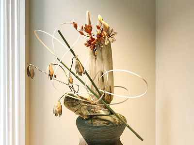 Decorative Ceramic Vase With Dried Plants Red Leaves And White Circular Decorations 3d model