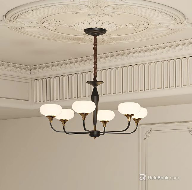 Classic Chandelier With White Glass Shades In Elegant Ceiling Molding Interior Design 3d model 