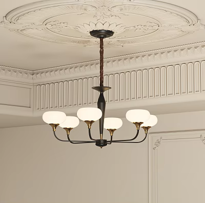 Classic Chandelier With White Glass Shades In Elegant Ceiling Molding Interior Design 3d model