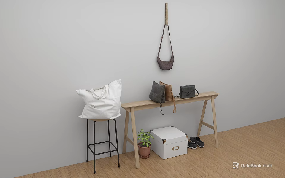 Minimalist Interior Setup With Wooden Table Bags Storage Box Wall Hook Hanging Bag Plant Shoes 3d model 