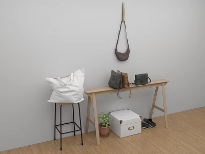 Minimalist Interior Setup With Wooden Table Bags Storage Box Wall Hook Hanging Bag Plant Shoes 3d model