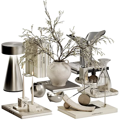 Decorative Ornament Set With Vase Dried Branches Books Table Lamp And Metal Tray 3d model