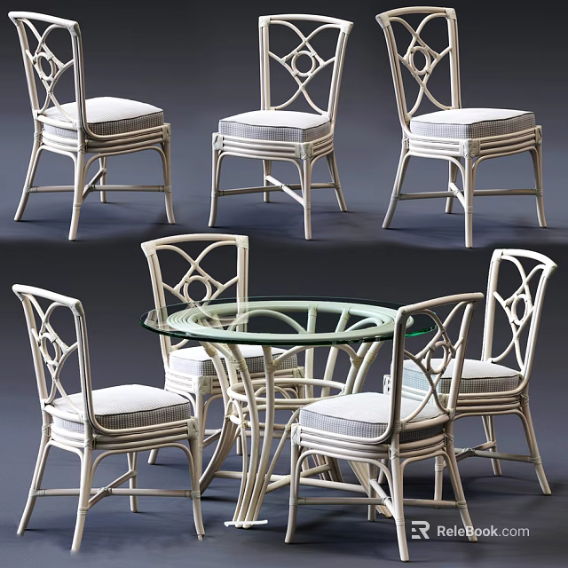 Modern Glass Top Dining Table Set Featuring Four Rattan Woven Chairs With Openwork Design 3d model