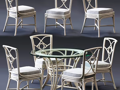 Modern Glass Top Dining Table Set Featuring Four Rattan Woven Chairs With Openwork Design 3d model