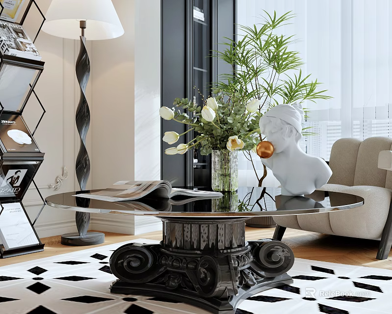 Coffee Table With Glass Top Black Carved Base White Flowers And Sculpture In Living Room 3d model 