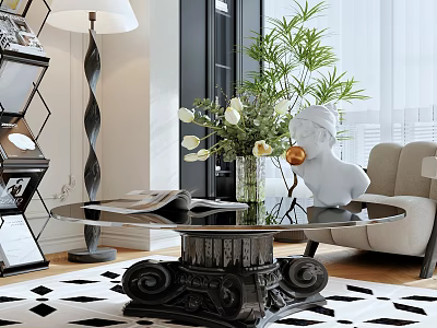 Coffee Table With Glass Top Black Carved Base White Flowers And Sculpture In Living Room 3d model