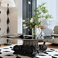 Coffee Table With Glass Top Black Carved Base White Flowers And Sculpture In Living Room