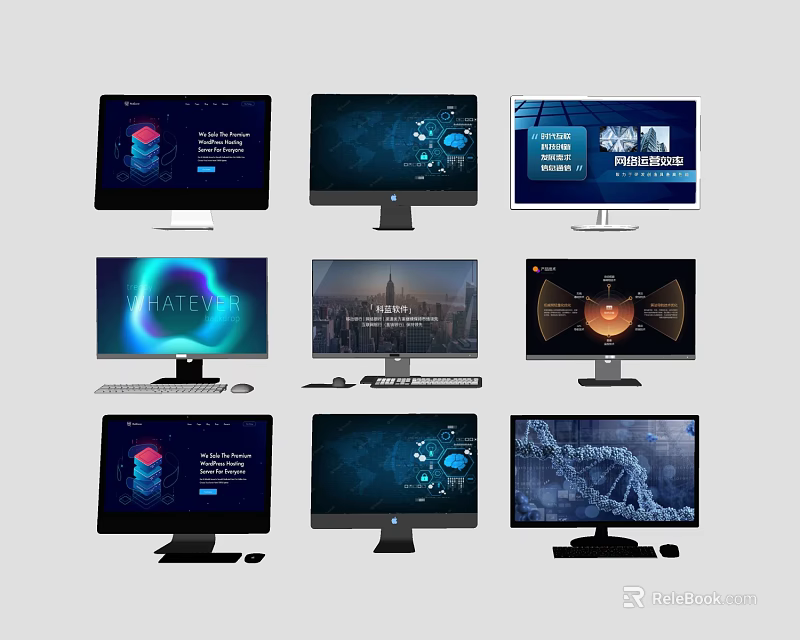 Multiple Modern Computer Monitors Showing Various Tech Data Interfaces And Cityscape Displays 3d model