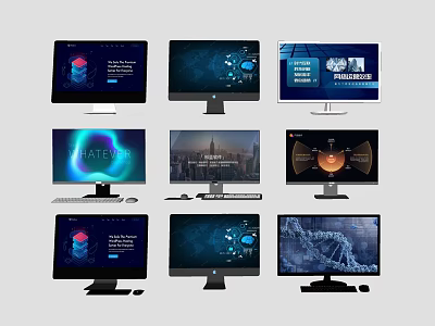 Multiple Modern Computer Monitors Showing Various Tech Data Interfaces And Cityscape Displays 3d model