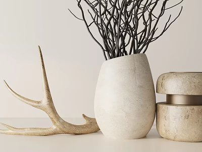 Modern Minimalist Decorative Ornament Set with Antler Decoration Vase with Twigs and Metal Band Container 3d model