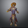 Fantasy Wizard Character in Purple Blue Robe with Hat Holding Decorated Staff and Brown Boots